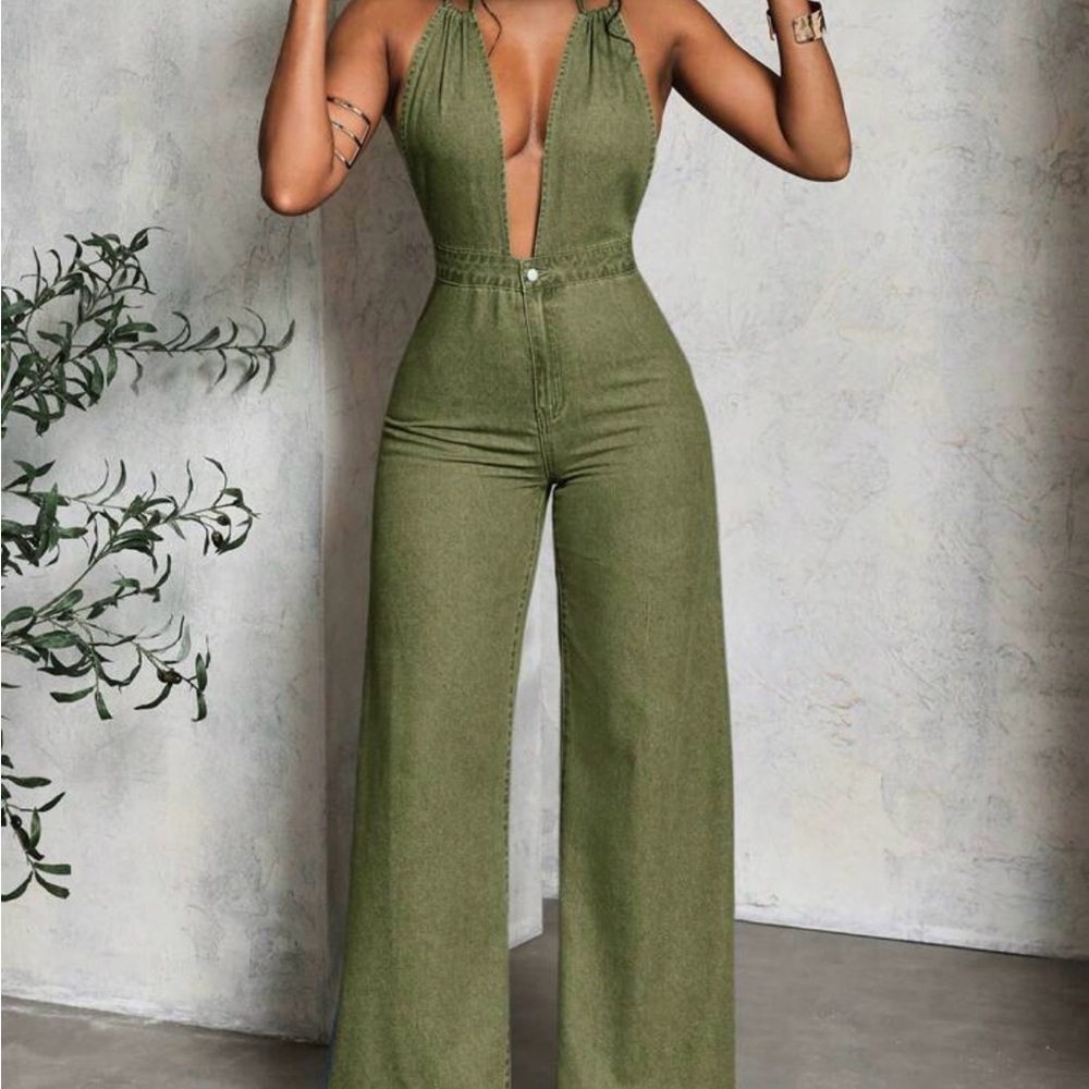 SHEIN Sage Green Plunge Jumpsuit